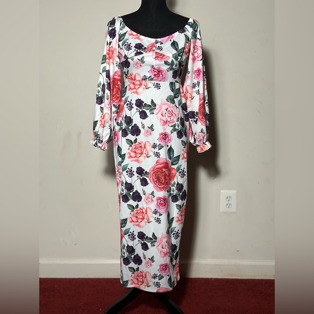 Floral Print Flounce Sleeve Split Back Bodycon Dress